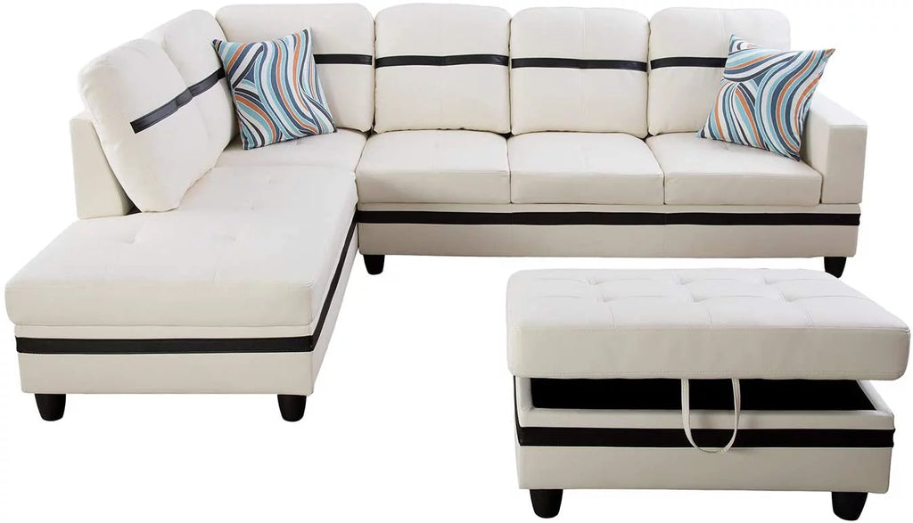 White Faux Leather L-Shaped Sectional Sofa Set J24777