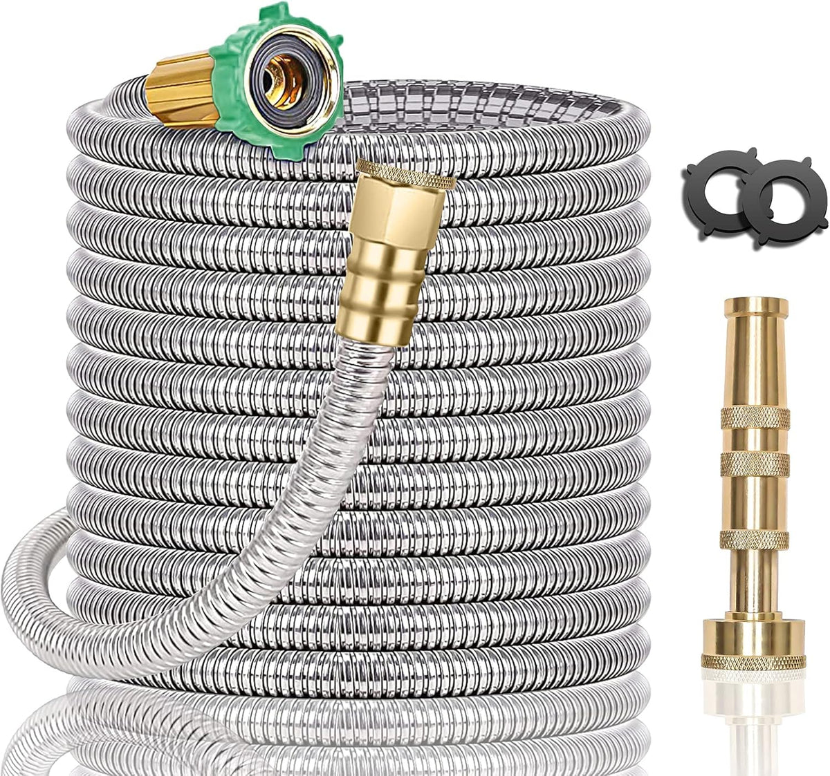 Steel Metal Garden Hose 100FT Heavy Duty Lightweight 304 Stainless Steel Water Hose with Brass Nozzle, Silver Pack of 2 R237