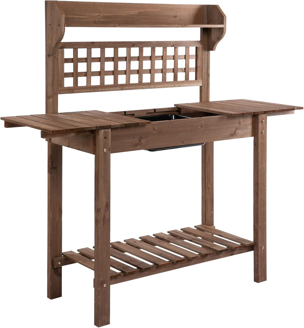 Brown Wooden Garden Potting Bench Work Table with Hidden Storage O898364
