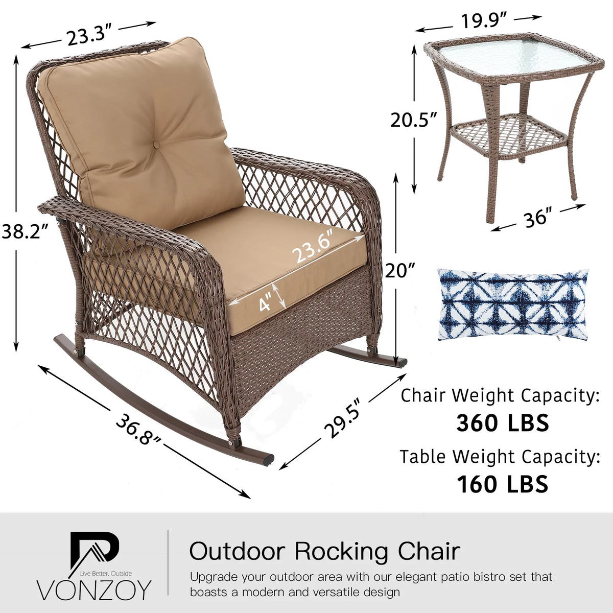3-Piece Wicker Outdoor Rocking Chairs with Cushions and Table M9458